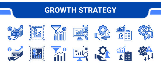 Growth Strategy Icon Collection,  featuring Growth, Scaling, Optimization, Data driven, Strategic management, Planning, Risk management.