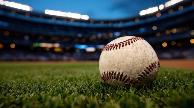 A worn baseball lies on the grass of a stadium field, with blurred stadium lights and seats in the background.