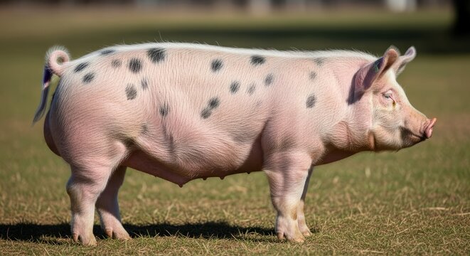 Pig standing on farm ground, showing pink skin and sturdy body. A domesticated livestock animal widely raised for meat production and agricultural purposes.