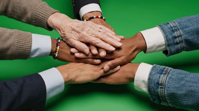 Diverse Group Hands Stacked Together in Unity Against Green Screen Background
