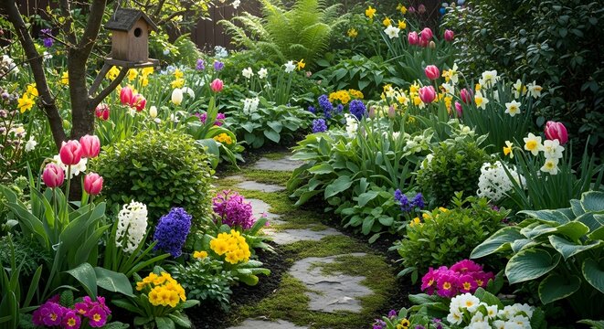 Vibrant Spring Garden Path with Colorful Flowers and Lush Greenery.