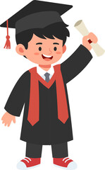 Adorable cartoon child in graduation gown, hat, holding diploma, ideal for educational and achievement themes.