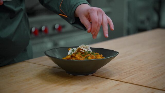 Chef garnishing a delicious bowl of pumpkin risotto with fresh herbs and parmesan cheese