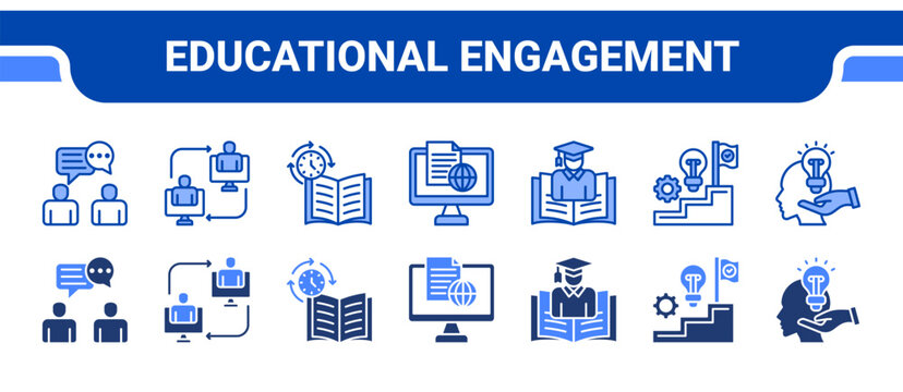 Educational Engagement Icon Collection,  featuring Discussion, Interaction, Synchronous, Online Course, Student, Learning Journey, Retention.