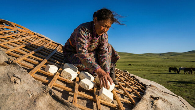Mongolian Nomad Woman Drying Traditional Aaruul Curd on Yurt Roof in Sunny Steppe