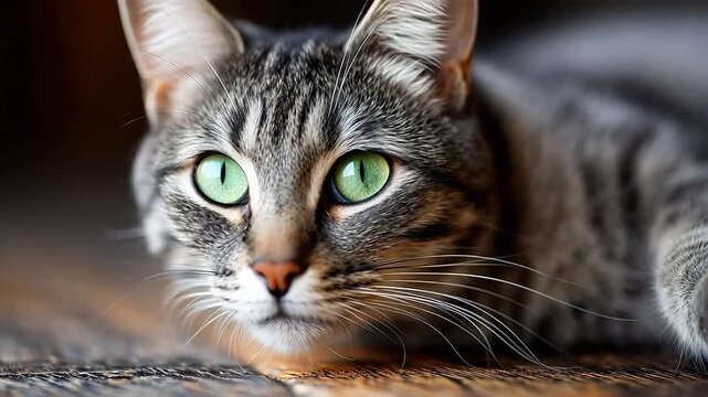 Gray tabby cat with green eyes resting