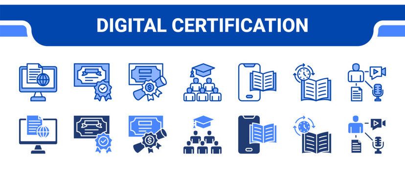 Digital Certification Icon Collection,  featuring Online Course, Certification, Diploma, Graduation, Mobile Learning, Synchronous, Multimedia.