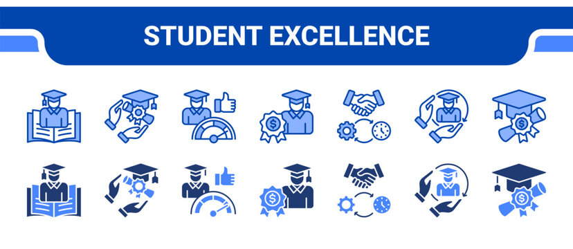 Student Excellence Icon Collection,  featuring Student, Academic, Performance, Award, Dedication, Loyalty, Scholarship.
