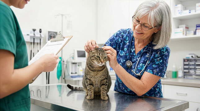 Senior female veterinarian examining a cat's ears in a clinic with an assistant