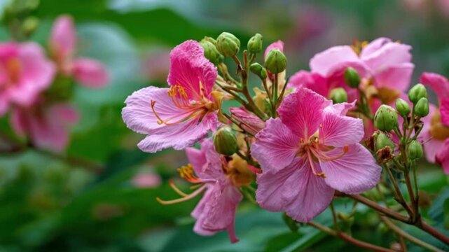 Pink flowers bloom amidst green buds  foliage showcasing delicate petals  stamen