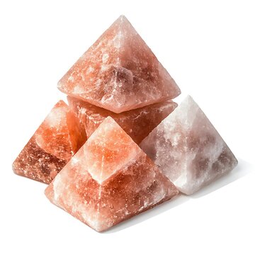 Crystal pyramid formations in various shades of pink and white on a clean white background