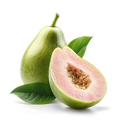 Fresh Green Guava Fruit Sliced in Half Revealing Pink Flesh with Green Leaves on White Background