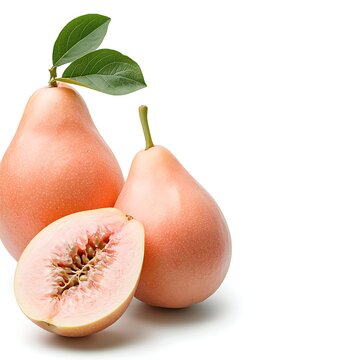 Fresh and Juicy Pink Pear with Leaf Isolated on White Background for Healthy Eating Concept