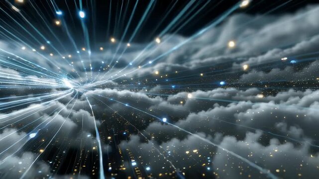 Abstract data streams moving between cloud layers and automated systems, modern enterprise technology narrative, layered depth, glowing lines