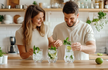 Couple of woman and man preparing refreshing several summer  cocktails mojito with ice, lime and mint leaves in glass against kitchen background. Two bartender making beverage indoor together.