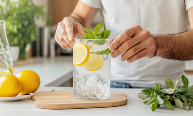 Close-up of man hands preparing refreshing summer cocktail or lemonade in glass with lemon slices, ice and fresh mint leaves against kitchen background. Making beverage at home.