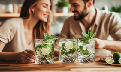 Couple of woman and man drink refreshing summer cocktails mojito with ice, lime and mint leaves in glass and have a good time together at the bar.