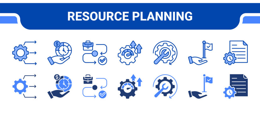 Resource Planning Icon Collection,  featuring Resource allocation, Time allocation, Workflow, Efficiency, Optimization, Milestone, Project management.
