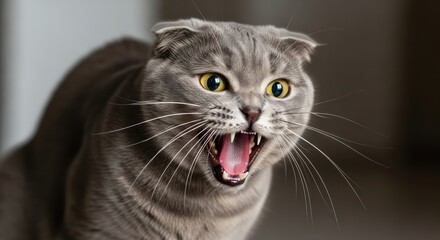 Obraz premium Feline Fury: Scottish Fold Cat Displaying Aggression with Mouth Wide Open Revealing Teeth