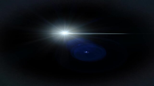 Classic 40mm cinemascope lens flare with a horizontal streak and blue bokeh. Isolated on black background for compositing a widescreen film look