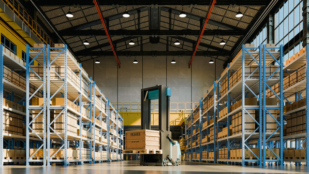 Automated guided vehicle operating in modern industrial warehouse with high pallet racks and cardboard boxes- 3D rendering