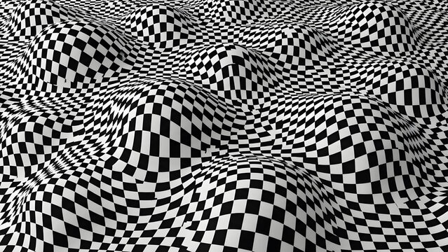 Abstract black and white checkered background with wavy distorted surface creating 3D optical illusion effect