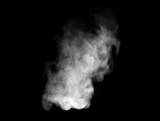 Vertical white smoke plume isolated on black background, realistic vapor or steam effect texture for design overlay, dramatic mist atmosphere, pollution concept and abstract fog element.
