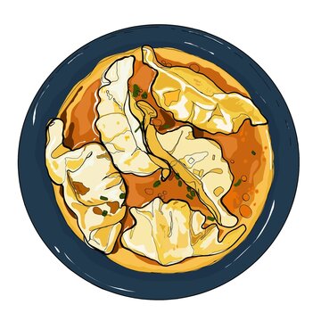 Illustration a bowl of dumpling soup. Perfect food content. A flavorful and aromatic dish perfect for Asian food-themed visuals.