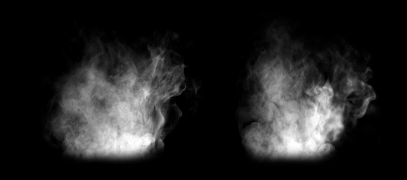 Vertical white smoke plume isolated on black background, realistic vapor or steam effect texture for design overlay, dramatic mist atmosphere, pollution concept and abstract fog element.