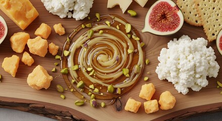 Fototapeta premium Gourmet Cheese Board: Honey, Figs, Pistachios & Artisanal Cheeses