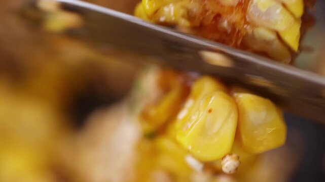 Close-up of a knife cutting fresh corn kernels off the cob, preparing for cooking