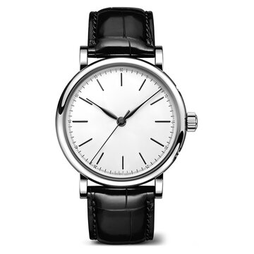 Luxury Minimalist Wristwatch with Black Leather Strap Isolated on White Background