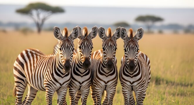 Ultra realistic zebra foals standing together on African savanna, adorable baby zebras with soft fuzzy coats and sharp black and white stripes, warm golden light and bokeh background in HDR 8k quality
