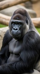 Obraz premium Photorealistic adult western lowland gorilla in captivity, close up portrait showing intelligence and strength with sharp facial detail and soft bokeh background, professional editorial wildlife