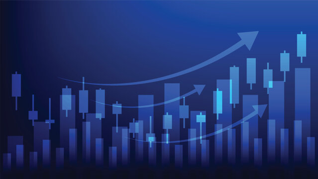 financial market trend. candlesticks chart with bar graph and  arrow up on blue background