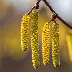 Close-up of delicate catkins hanging from a slender branch, illuminated by golden sunlight. Soft, blurred background