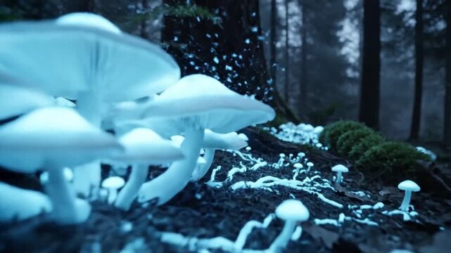 Frozen mushrooms covered in snow in a forest during a snowfall from a close-up view