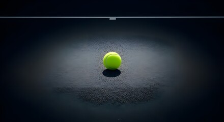 A single tennis ball sits on a dark tennis court under spotlight