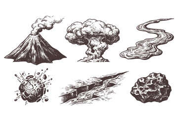Fototapeta na wymiar Volcano Eruption Elements Engraving Set of 6 Black and White Isolated Illustrations