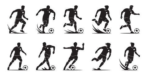 Obraz premium Football player silhouettes set showing athletes dribbling kicking and running with ball