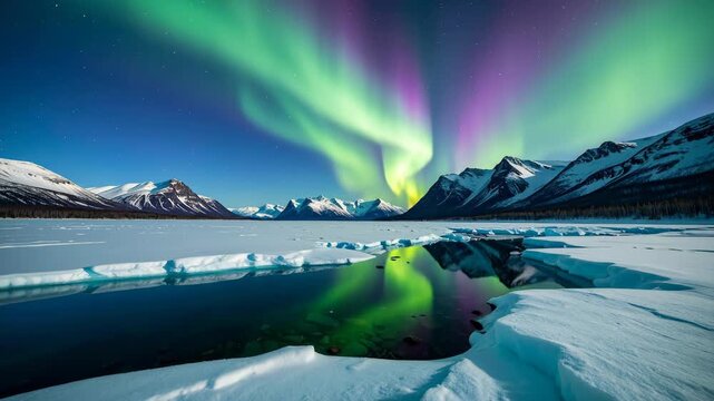 Spectacular Aurora Borealis Over Icy Mountain Landscape at Night.