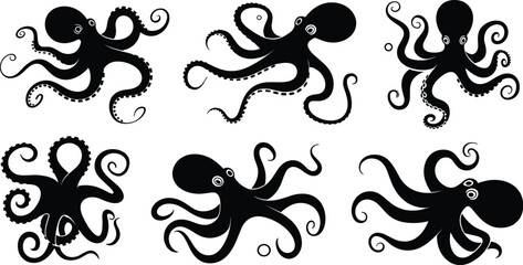 Stylized octopus silhouettes collection, marine animal vector illustrations, unique tentacle positions, underwater sea life icons for decoration ©  Arfina
