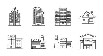 Collection of Hand Drawn Building Icons Representing Different Structures.