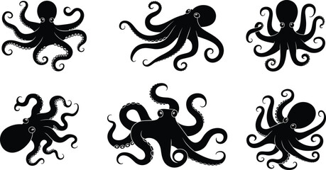 Stylized octopus vector illustrations, marine animal silhouettes, creative tentacle designs, underwater sea creature artwork, ocean wildlife icons ©  Arfina