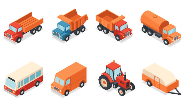 Isometric heavy vehicles set featuring trucks, tractor, and trailer