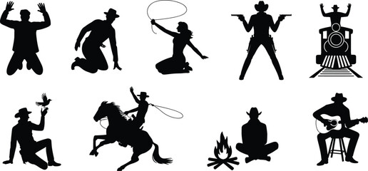 Wild West cowboy silhouettes with horses, lassos, pistols, trains, campfire, guitar, frontier lifestyle, American western culture illustration ©  Arfina