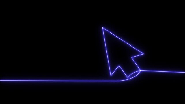 Neon line mouse cursor arrow on black background. Animated continuous one line drawing of a cursor arrow. Cursor. Mouse, pointer, click, button, website, user. Computer 4k animation video,
