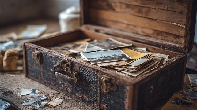 Old Trunk Filled with Photographs.
