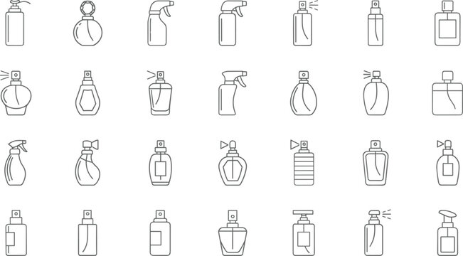 Perfume and spray bottle outline icon set featuring cosmetic fragrance atomizer container vector collection