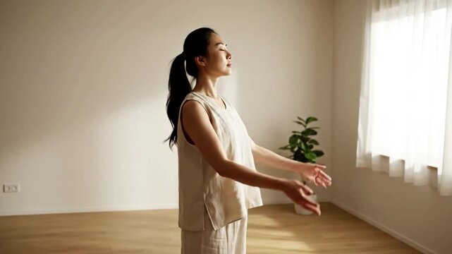Woman practicing mindfulness meditation. Calm wellness footage representing balance, relaxation, spiritual self care, and inner peace.